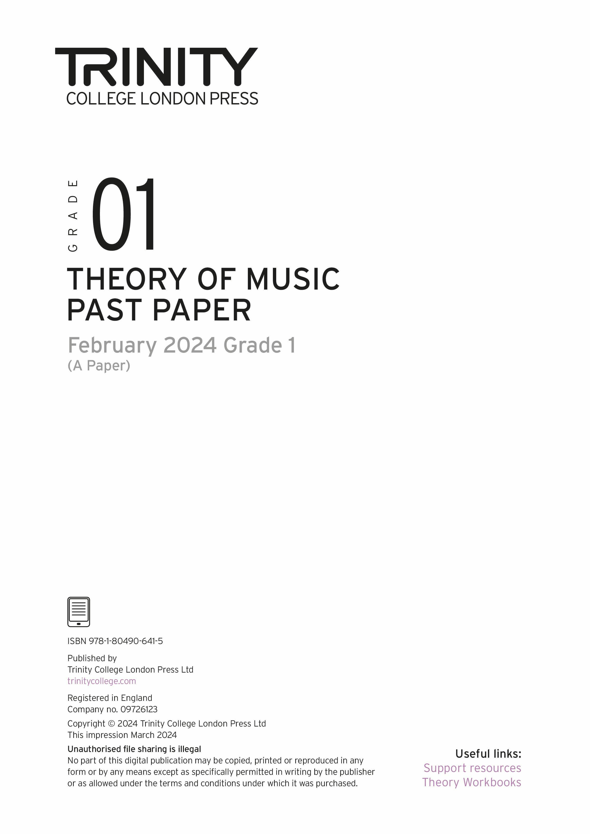 Theory of Music Past Paper 2024 February A: Grade 1 - ebook