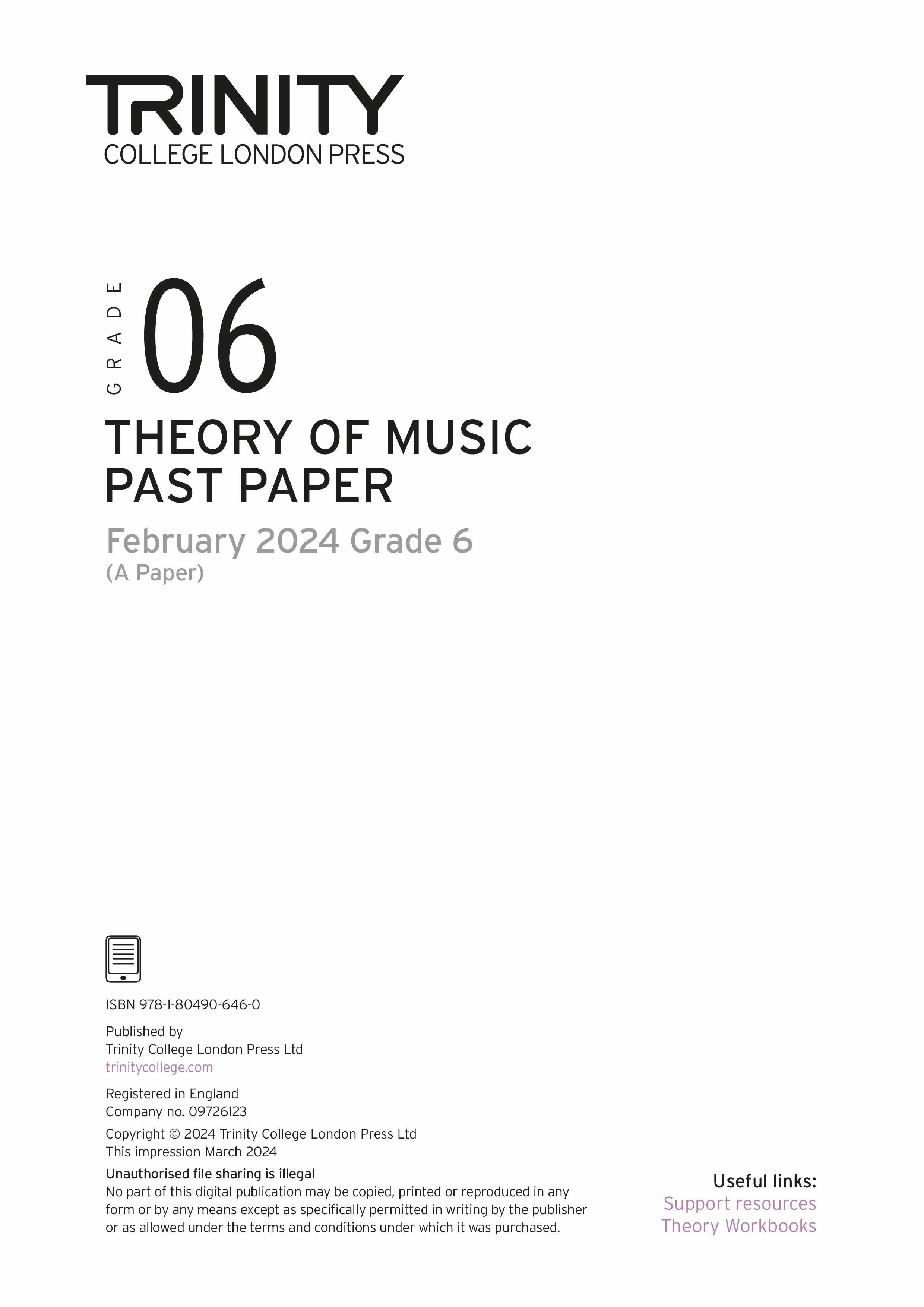 Theory of Music Past Paper 2024 February A: Grade 6 - ebook