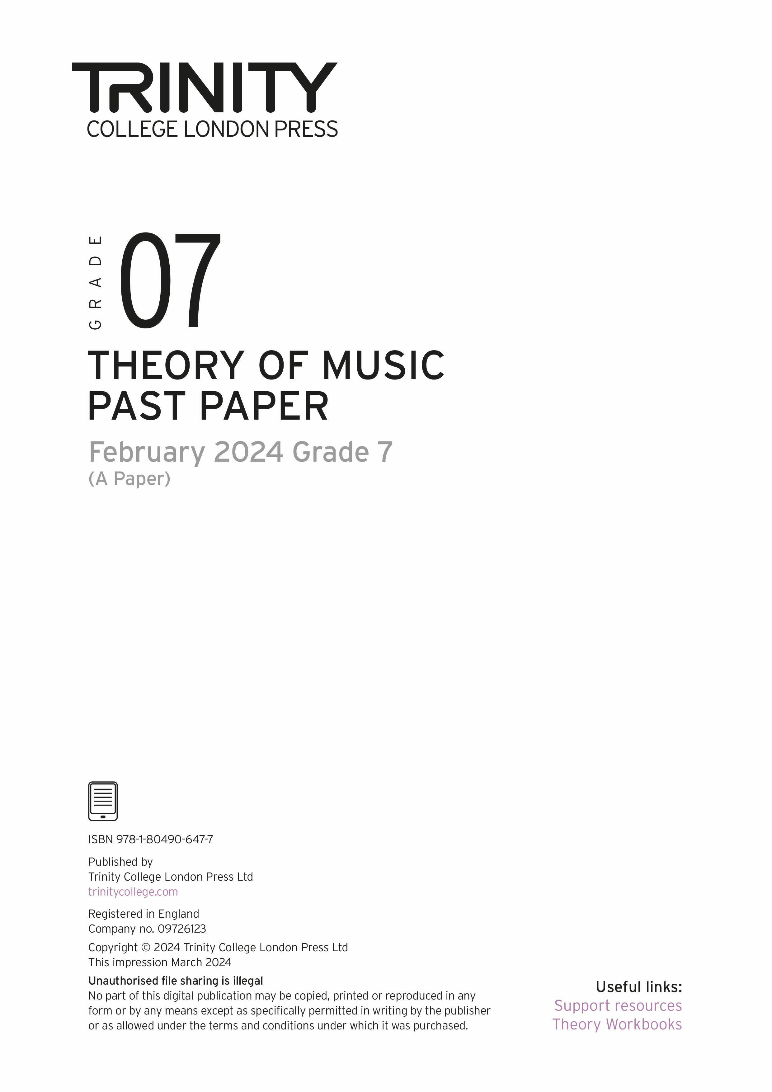 Theory of Music Past Paper 2024 February A: Grade 7 - ebook