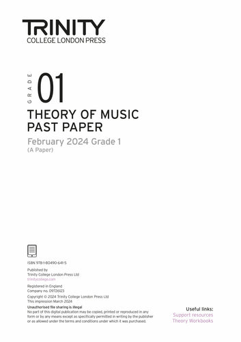 Theory of Music Past Paper 2024 February A: Grade 1